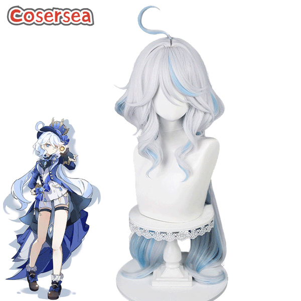 Genshin Impact Furina 100cm Silver White Mixed Blue Cosplay Wigs