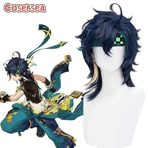 Game Genshin Impact Kinich 37cm Mixed Blue Cosplay Wigs
