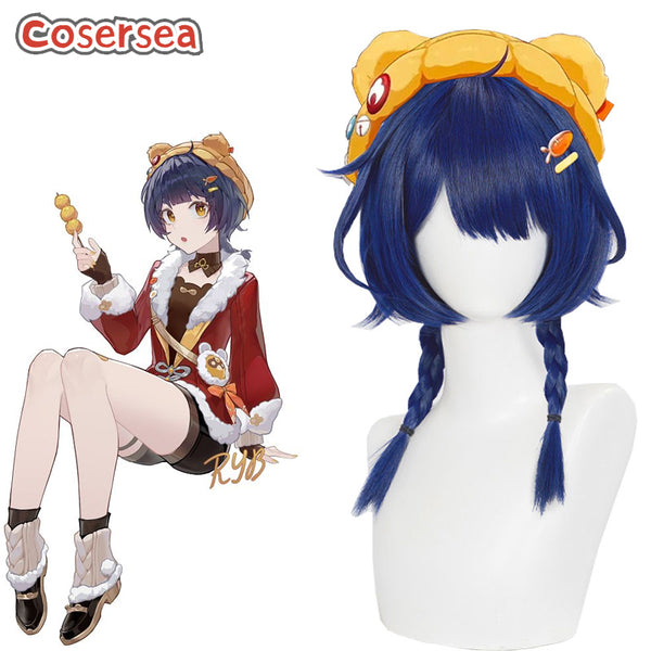 Genshin Impact New Years Cheer Xiangling 33cm Blue Cosplay Wigs