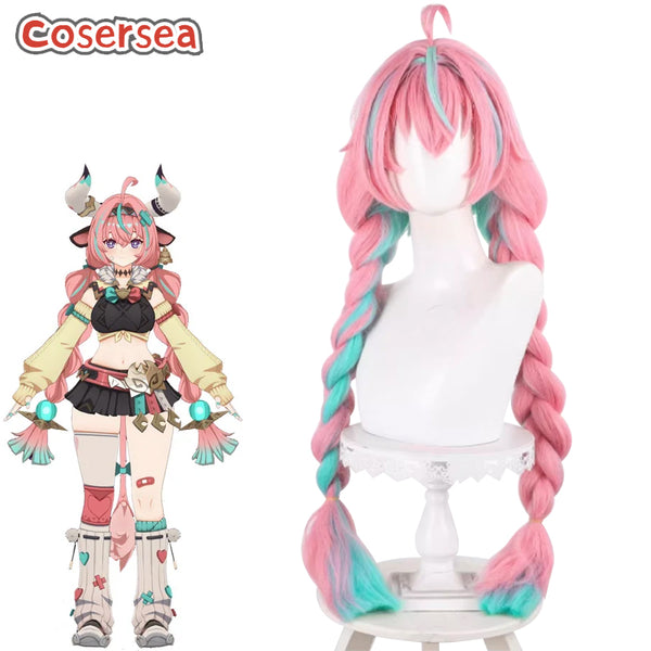 Genshin Impact Varesa 100cm Pink Mixed Green Braided Cosplay Wigs