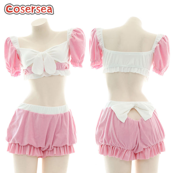 Girls Soft Cute Outfit Women's Plush Big Bow Maid Pajamas Sexy Private Underwear