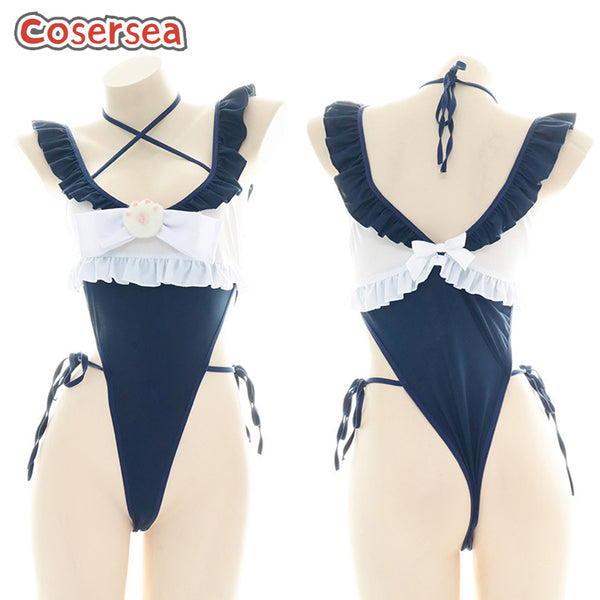 High Fork Ruffled Onesie Sexy Lace-up Flattering Maid Uniform