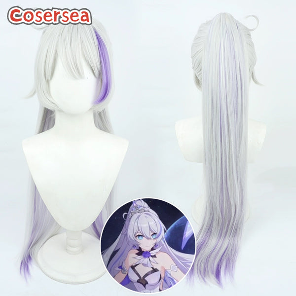 Honkai Impact 3rd Kiana Kaslana 100cm Silver White Mixed Purple Ponytail Cosplay Wigs