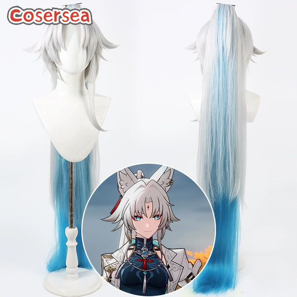 Honkai: Star Rail Feixiao 120cm Silver White Mixed Blue Ponytail Cosplay Wigs