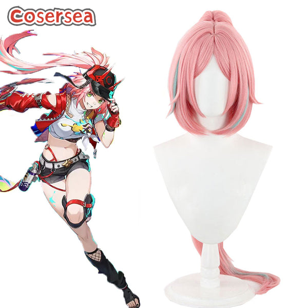 Honkai: Star Rail Rappa 100cm Pink Mixed Blue Ponytail Cosplay Wigs