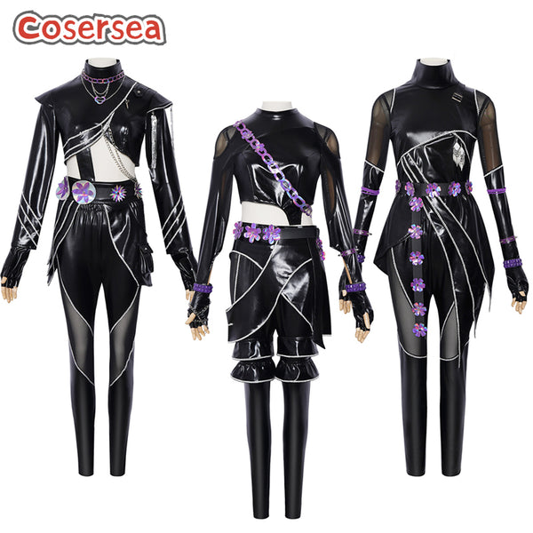 Cosersea Huntr/X Kpop Demon Hunter Rumi Zoey Mira Black PU Leather Combat Cosplay Costume Outfit Fullset