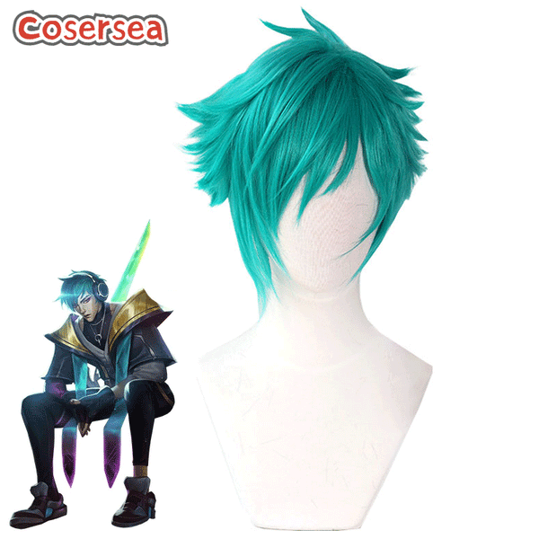 Game LOL Heartsteel Aphelios Blue Green 30cm Men Cosplay Wigs
