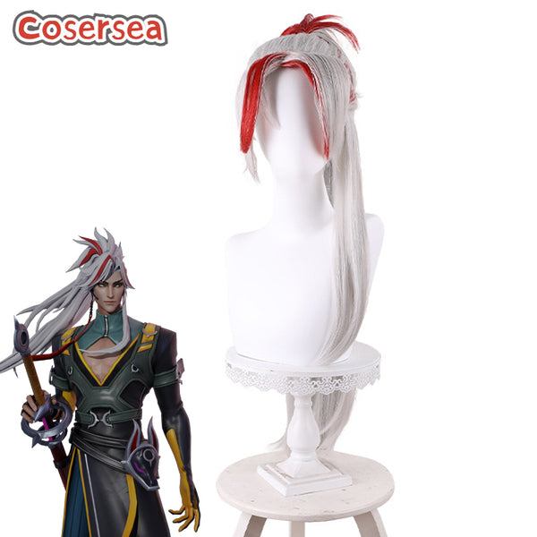 LOL Heartsteel Yone Grey Mixed Red Ponytail Cosplay Wigs