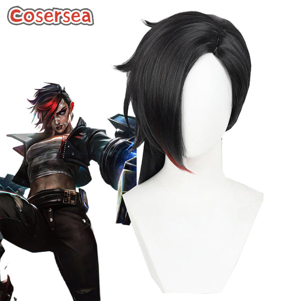 LOL Season 2 Arcane Vi 45cm Black Mixed Red Cosplay Wigs
