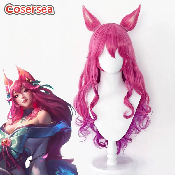LOL Spirit Blossom Ahri 70cm Long Pink Gradient Cosplay Wigs with Ears