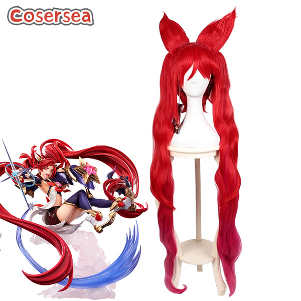 LOL Star Guardian Jinx 100cm Long Red Loose Wave Ponytail Cosplay Wigs With Ears