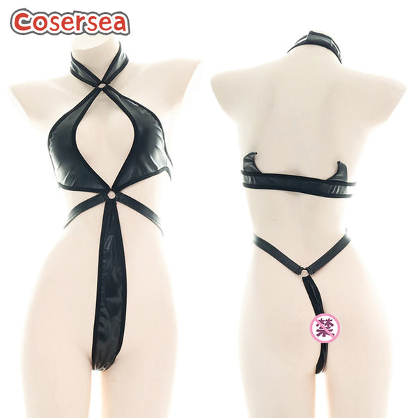 PU Leather One-piece Bikini Sexy Bondage Underwear Swimsuit