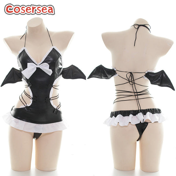 PU Leather Strap Devil Sexy Daily Women's Batwing Pajama Show Dress