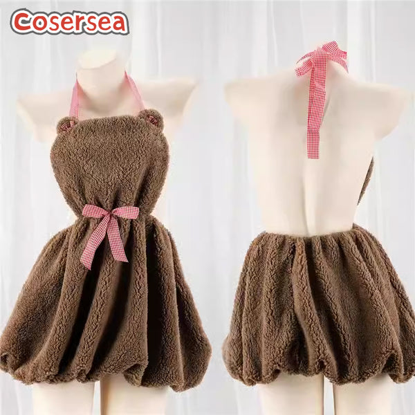 Plush Halter Homewear Neck Bear Cute Maid Sexy Nightdress Bow Pod Dress