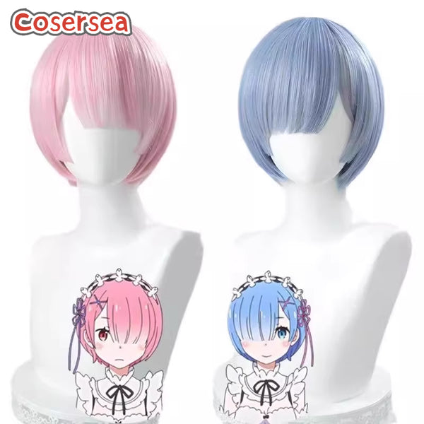 Re:Zero − Starting Life in Another World Rem Ram 30cm Pink Blue Cosplay Wigs