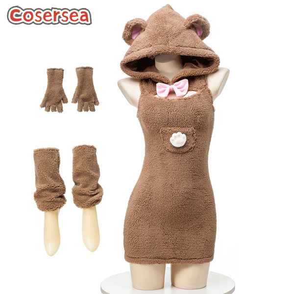 Role Play Hooded Bear Hoodie Plush Skirt Hollow Homewear Dress