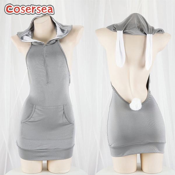 Sexy Backless Gray Hoodie Ladies Bunny Pajamas Anchor Performance Dress