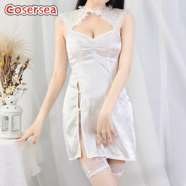 Sexy Backless Women's White Cheongsam High Slit Hollow Lace Nightdress