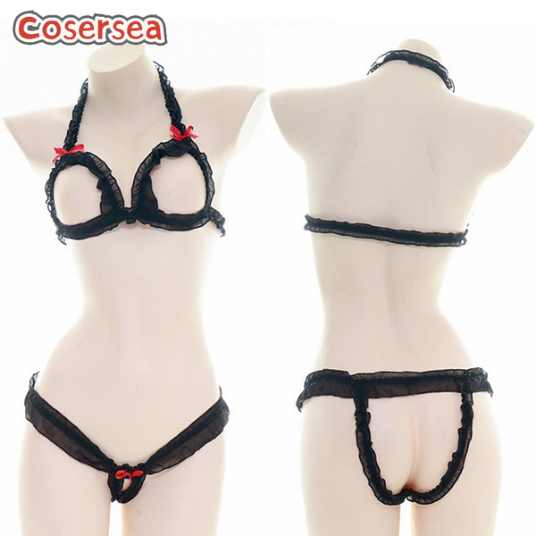 Sexy Black Lace Hollow Underwear Private Room Bikini Set
