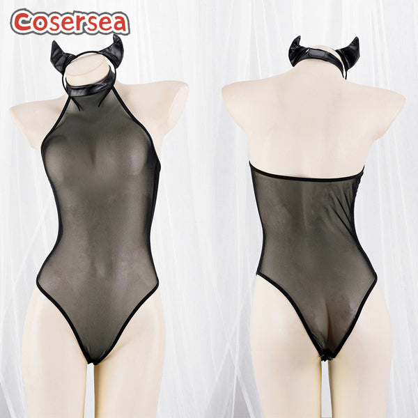 Sexy Black Mesh Underwear Role-play Devil Under Open Button Pajamas With Headband