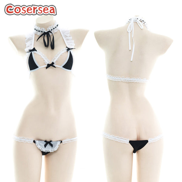 Sexy Black Nightclub Three Point Maid Bikini Set Lace Private Room Underwear
