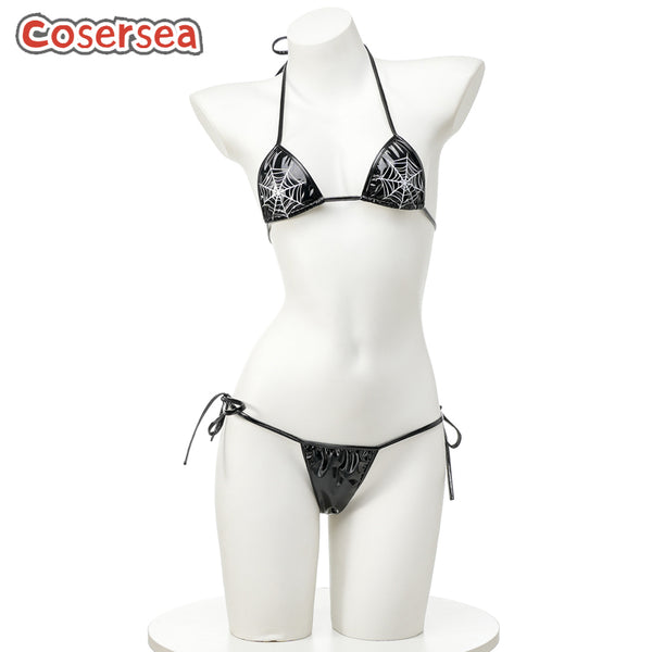 Sexy Black PU Leather Spider Printed Underwear Bikini Pajamas
