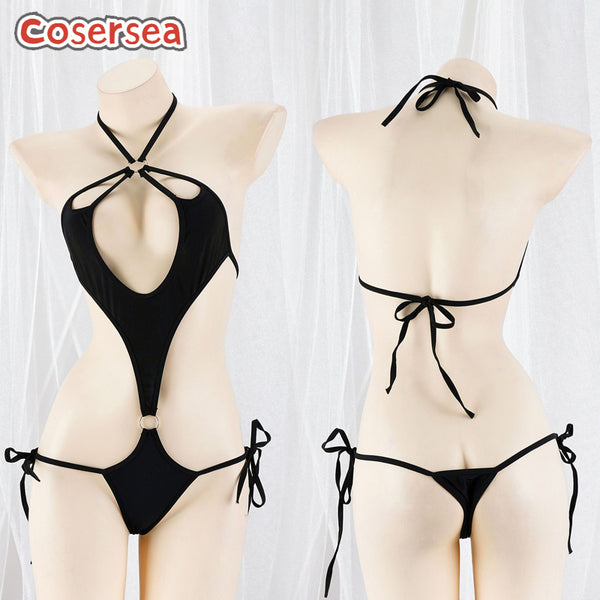 Sexy Black Silk Strap One-piece Bikini Underwear Pajamas