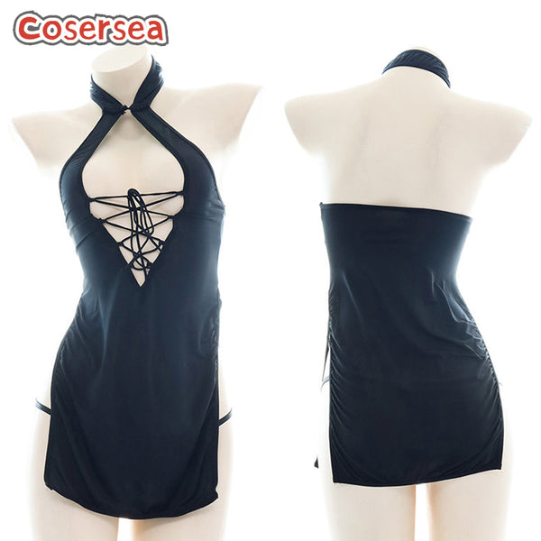 Sexy Black Underwear High Split Nightdress Milk Silk Maid Pajamas
