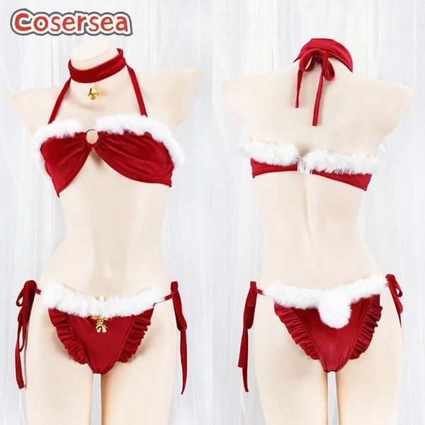 Sexy Christmas Red Plush Piping Bikini Strap Halter Three-point New Year Gift Underwear