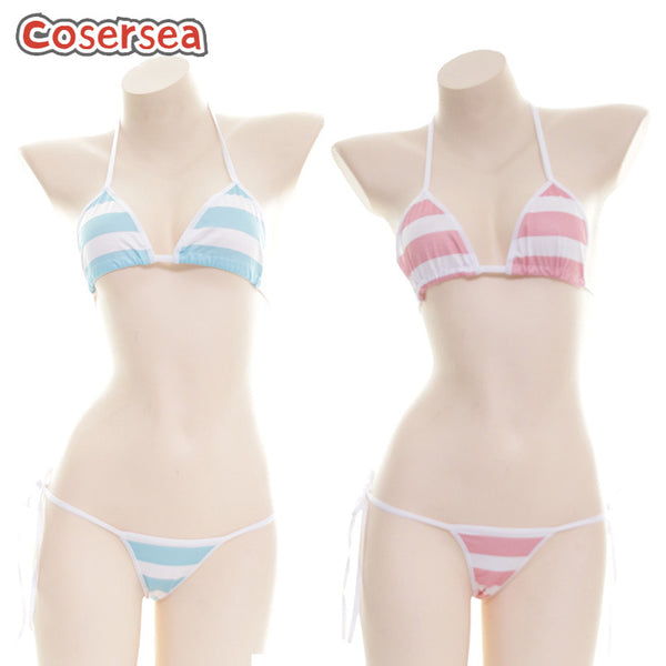 Sexy Chunky Striped Print Bikini Girl Lace-up Underwear Cosplay Costume