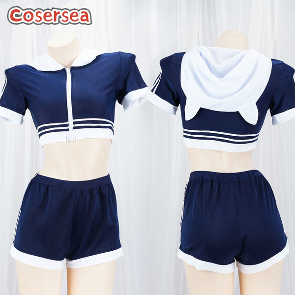 Sexy Dark Blue Sports Hoodie Hooded Anchor Performance Gymnastics Outfit
