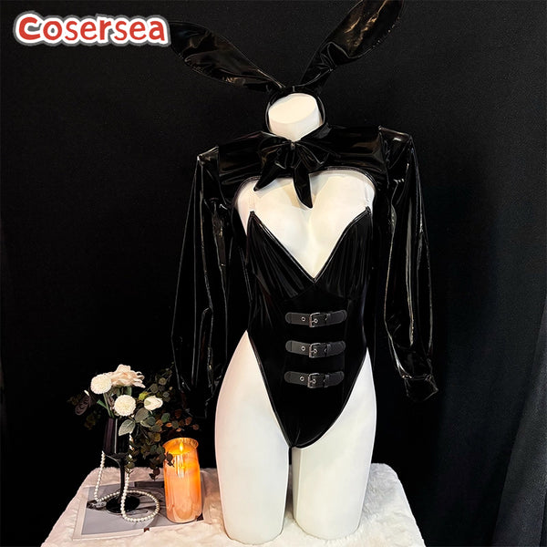 Cosersea Sexy Gothic Women Shiny Black Leather Bunny Cosplay Costume Bodysuit Jumpsuit