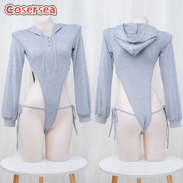 Sexy Gray Uniform Jumpsuit High Fork Strap Hooded Sweatshirt