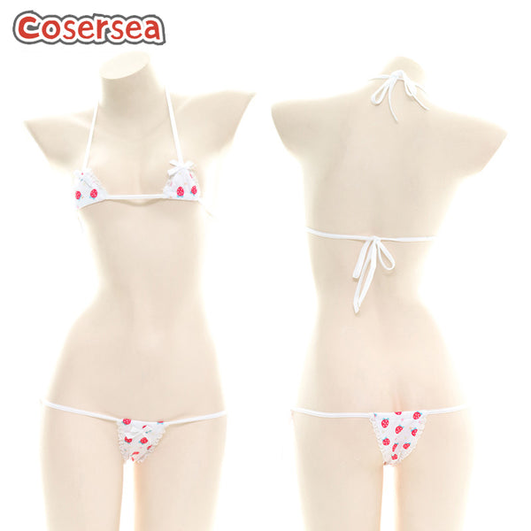 Sexy Halter Bikini Lace Strawberry Print Three-point Lace-up Pajamas