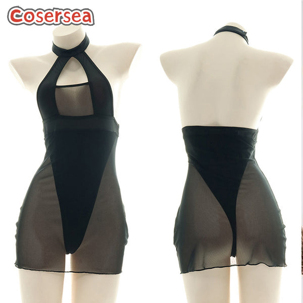 Sexy High Fork Halter Tight Skirt Semi-transparent Black Pajamas One-piece Maid Dress