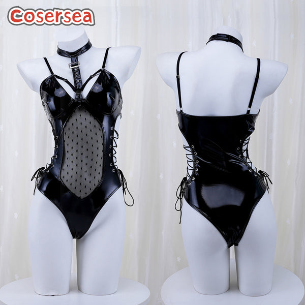 Sexy High Fork PU Leather Shackle One-piece Private Camisole Pajamas