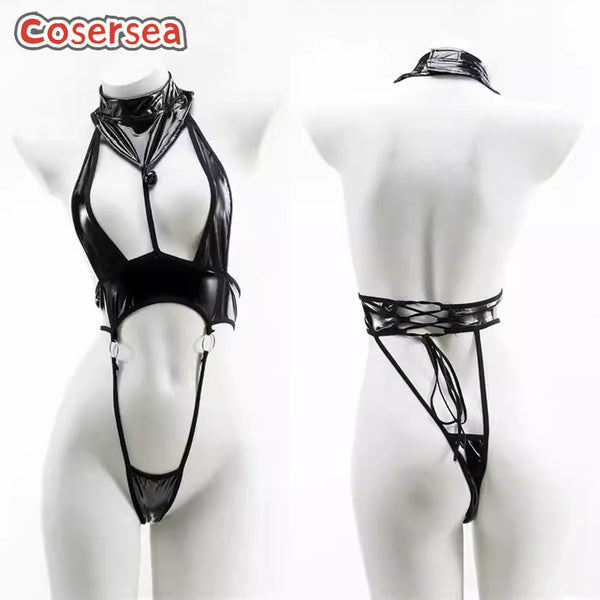 Sexy High Fork Patent Black Leather Glitter Bikini Bundle Women's Jumpsuit