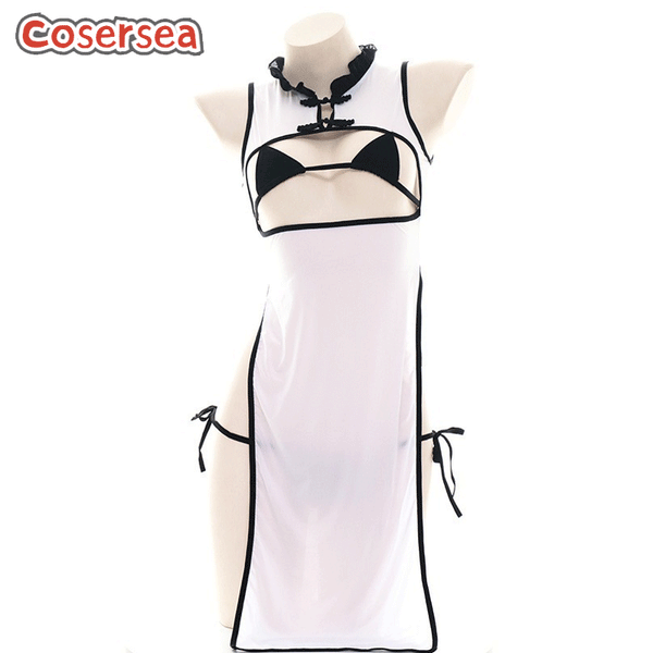 Sexy Hollow Cheongsam High Slit Nightdress Ladies Private Underwear
