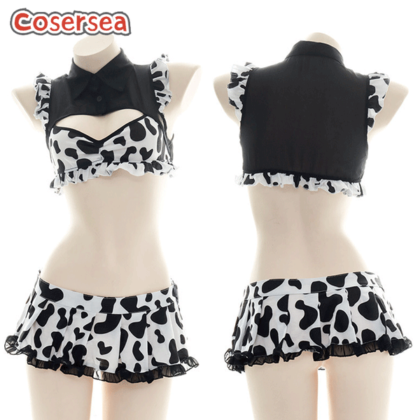 Sexy Hollow Cow Print Cutout Maid Uniform Role Play Cosplay Costume