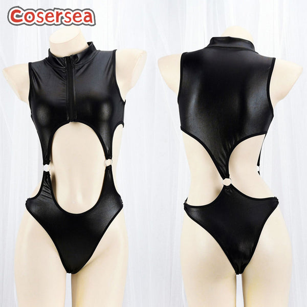 Sexy Hollow PU Leather Black Show Pajamas Women's One-piece Tight Dress