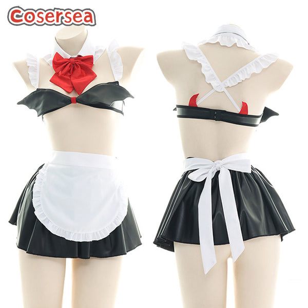Sexy Hollow PU Leather Maid Outfit Wings Private Pajamas Home Dress