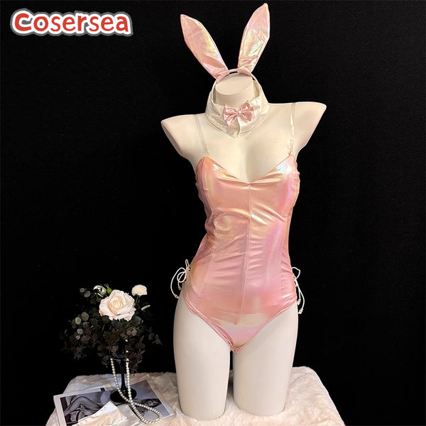 Sexy Kawaii Women Shiny Pink Holographic Bunny Cosplay Costume Bodysuit Jumpsuit