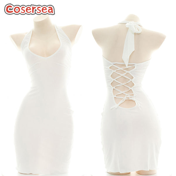 Sexy Ladies Halter Knit Backless Low Cut Tight Nightdress Lovely Maid Performance Dress