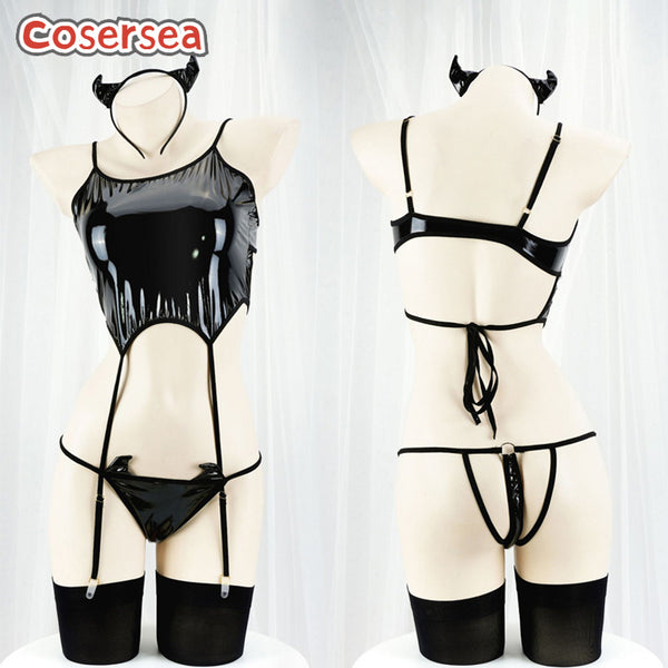 Sexy Lady PU Leather Little Devil Garter Halter Private Room Show Dress Pajama