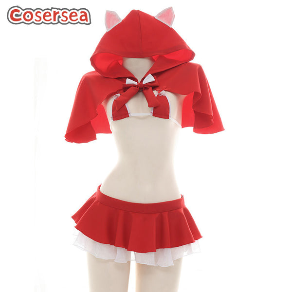 Sexy Leaky Red Christmas Uniform Cape Pajamas Nightdress Short Hoodie