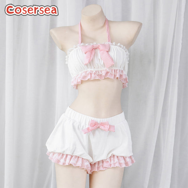 Sexy Lingerie Bow Tie Lantern Pants Strapless Ruffle Edge Maid Pajamas