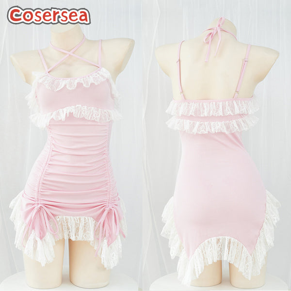 Sexy Lingerie Maid Dress Exposed Backpack Hips Lace Slip Nightgown Pajamas