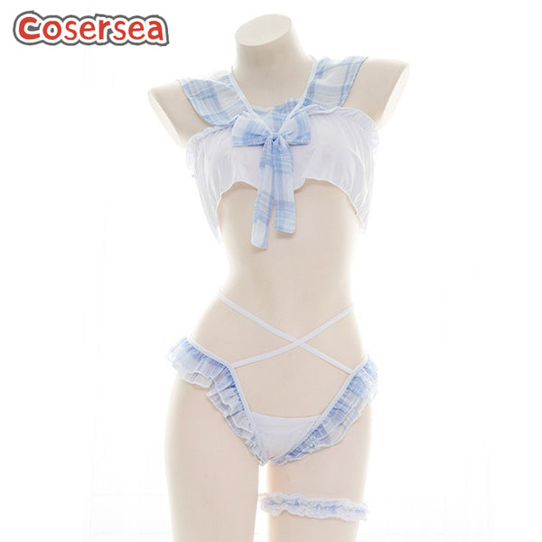 Sexy Lingerie Plaid Sailor Dress Women's Maid Chiffon Bow Pajamas
