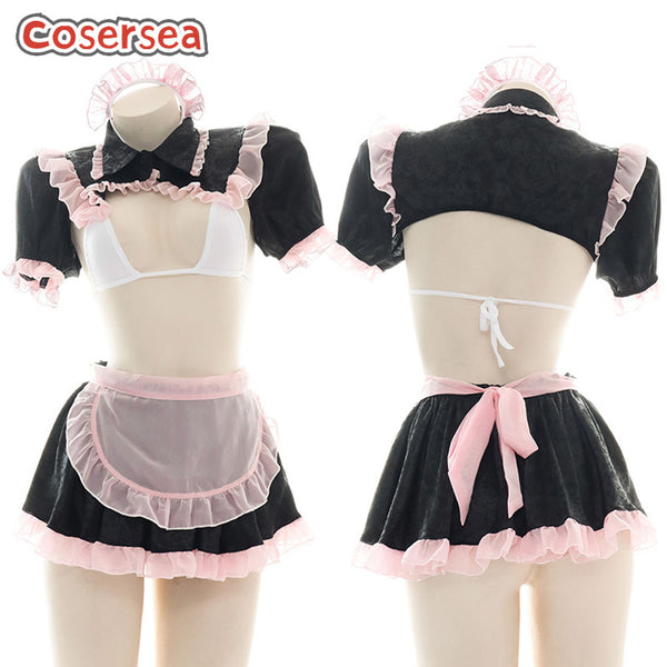 Sexy Lingerie Semi-transparent Maid Uniform Chiffon Nightgown Cute Ladies Pajamas