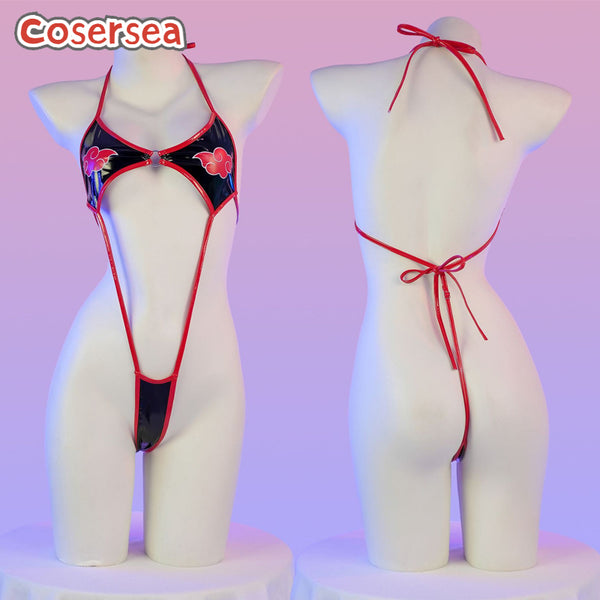 Sexy One-piece Bikini PU Leather Printed Straps Backless Spicy Lingerie